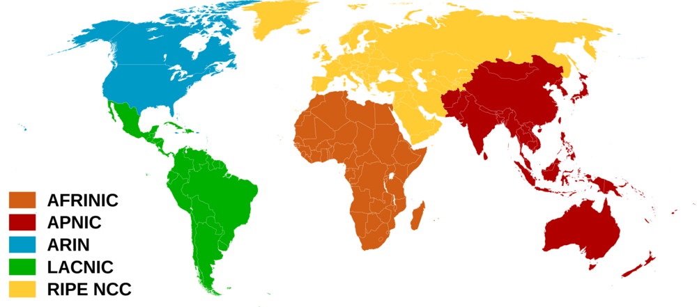 World map showing regions managed by each RIR