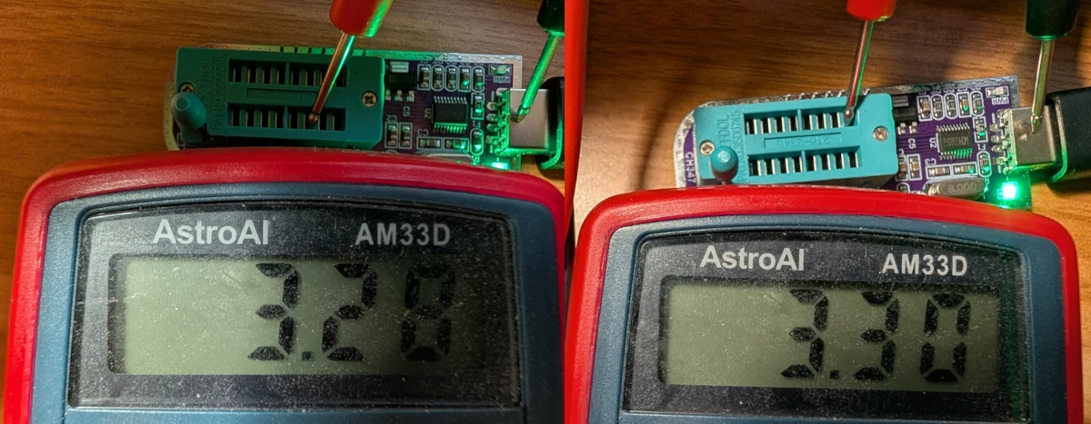 Multimeter on CH347 showing approximately 3.3 V on pins