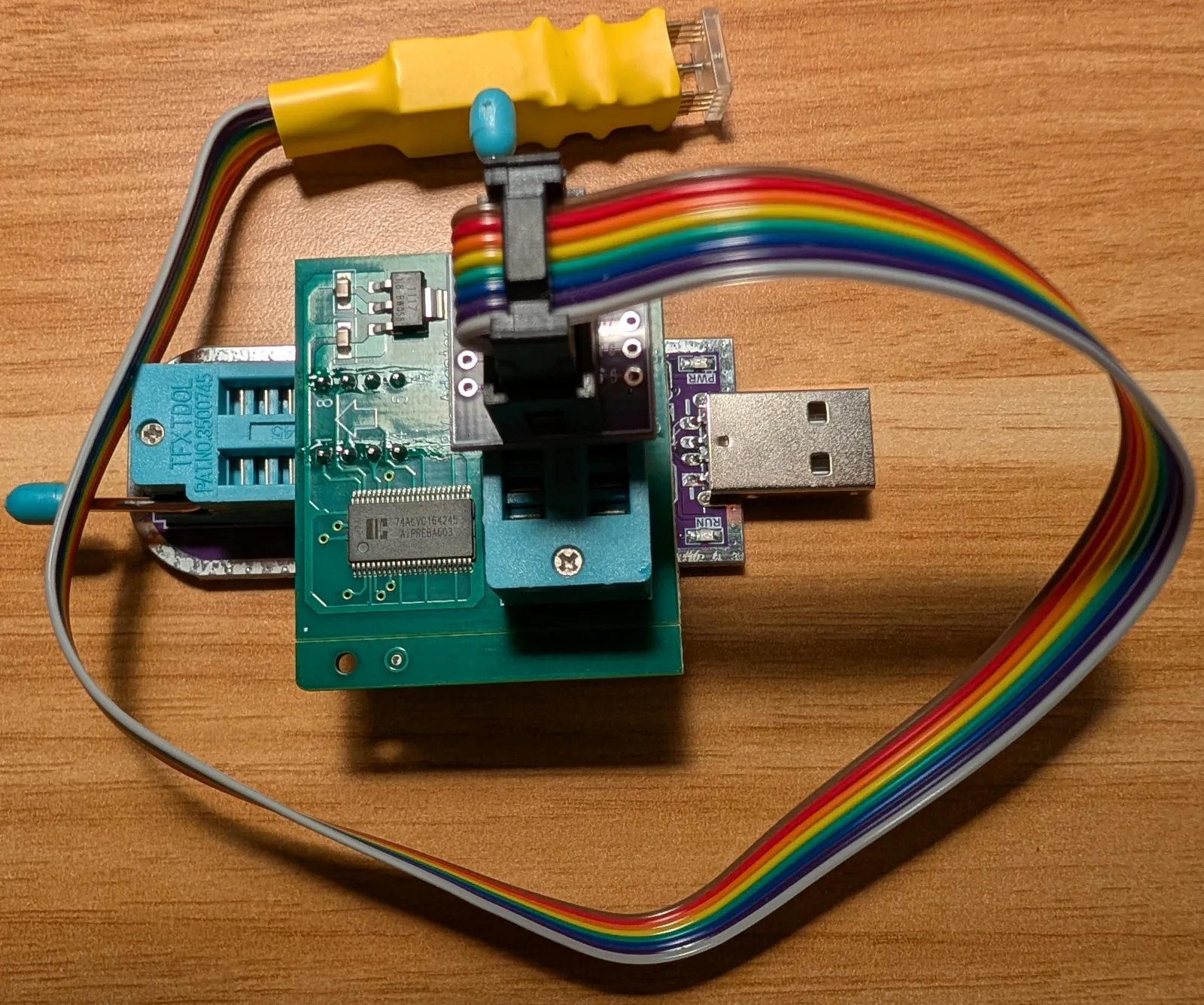 The full setup with the CH347, the level shifter, and the pogo pin probe