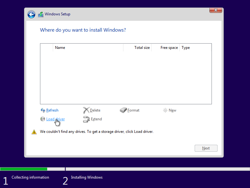 A screenshot of Windows installer drive selection page