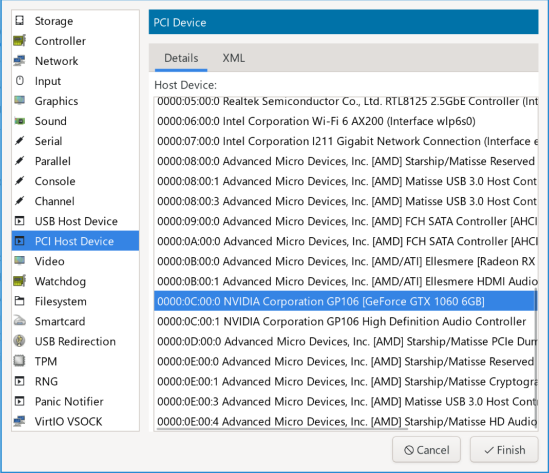 A screenshot of virt-manager's add device screen with 1060 selected